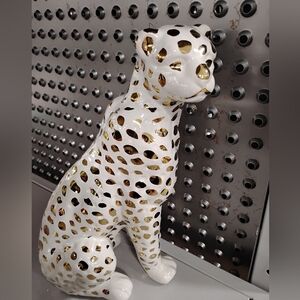 New White Ceramic Leopard Figurine with Gold Accents